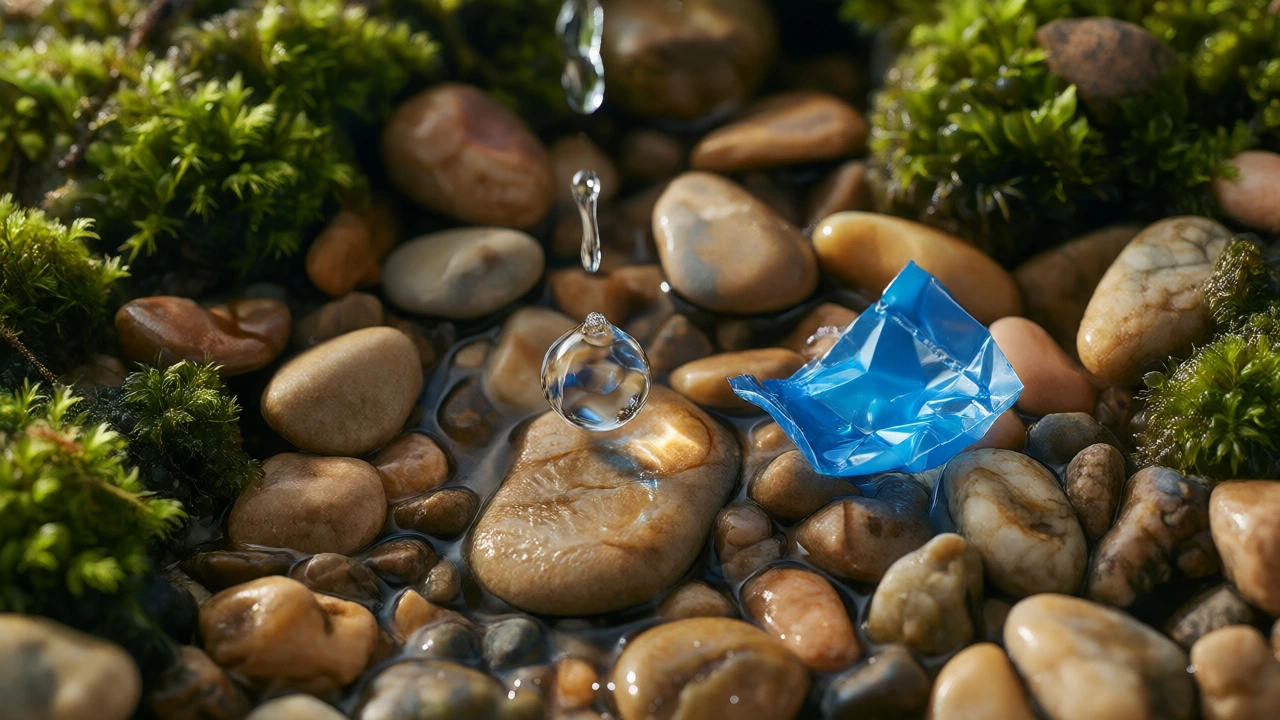 Water drop on moss next to discarded plastic microbead