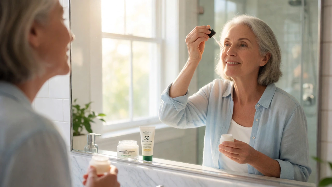 Woman in her 60s applying hydrating serum as part of her daily home skincare routine.