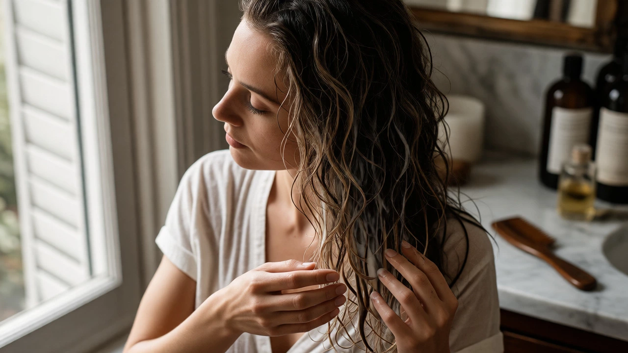 Applying leave-in conditioner to damp wavy hair