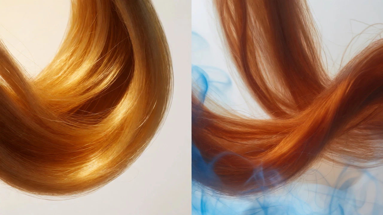 Comparison of healthy golden blonde hair versus brassy orange-toned damaged hair bundles.