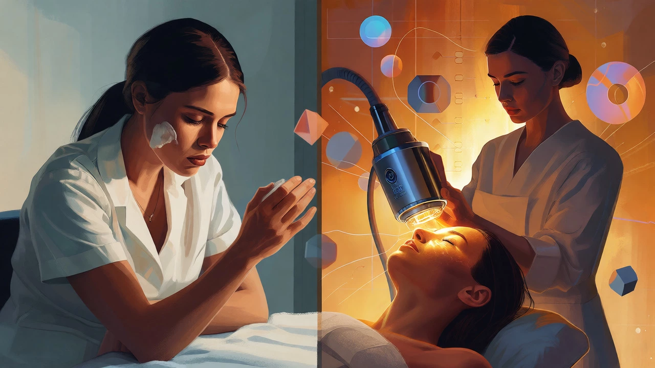 Conceptual art comparing manual skincare vs advanced tech treatments