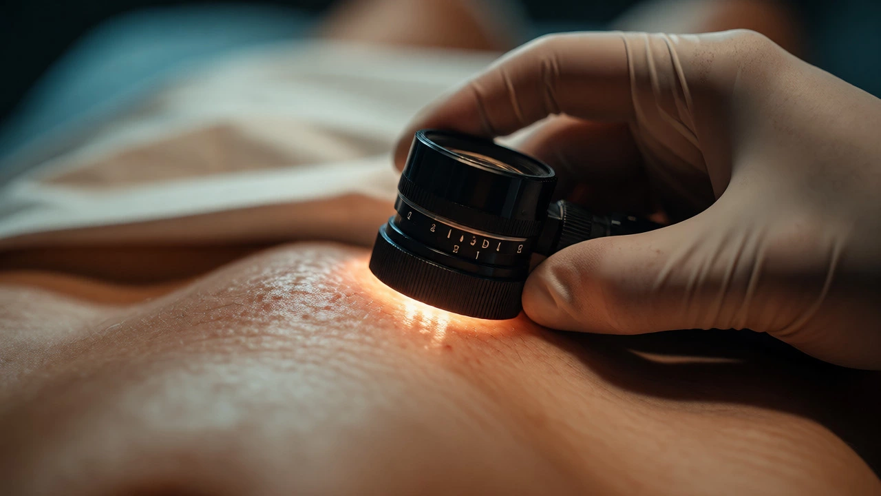 Dermatologist examining skin with a dermoscope