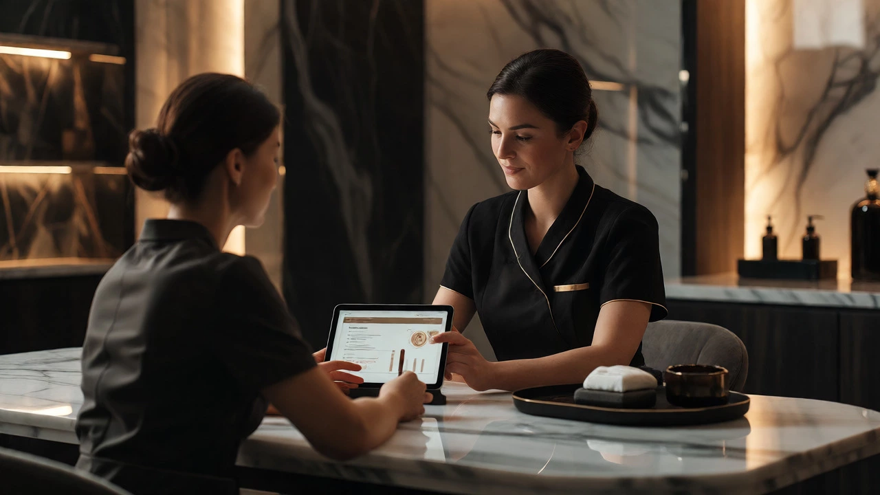 Esthetician consulting client in high-end spa setting