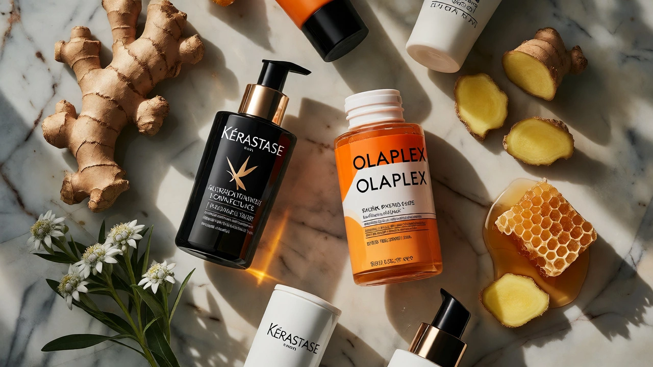 Flat lay of luxury haircare products with natural ingredients on marble