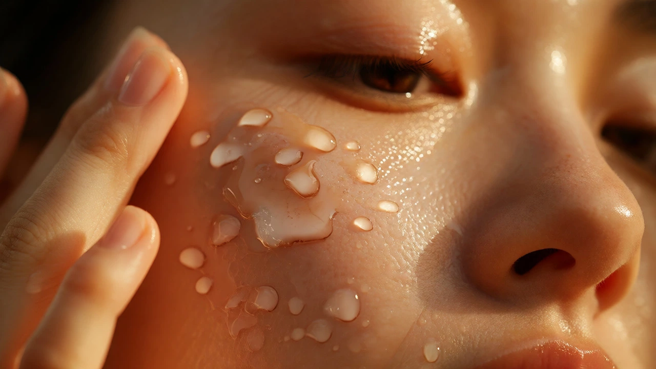 Hand applying hydrating serum to damp skin during a skincare routine