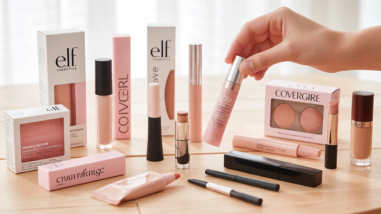 Hand selecting cruelty-free makeup products like e.l.f. and Hourglass from a wooden table.