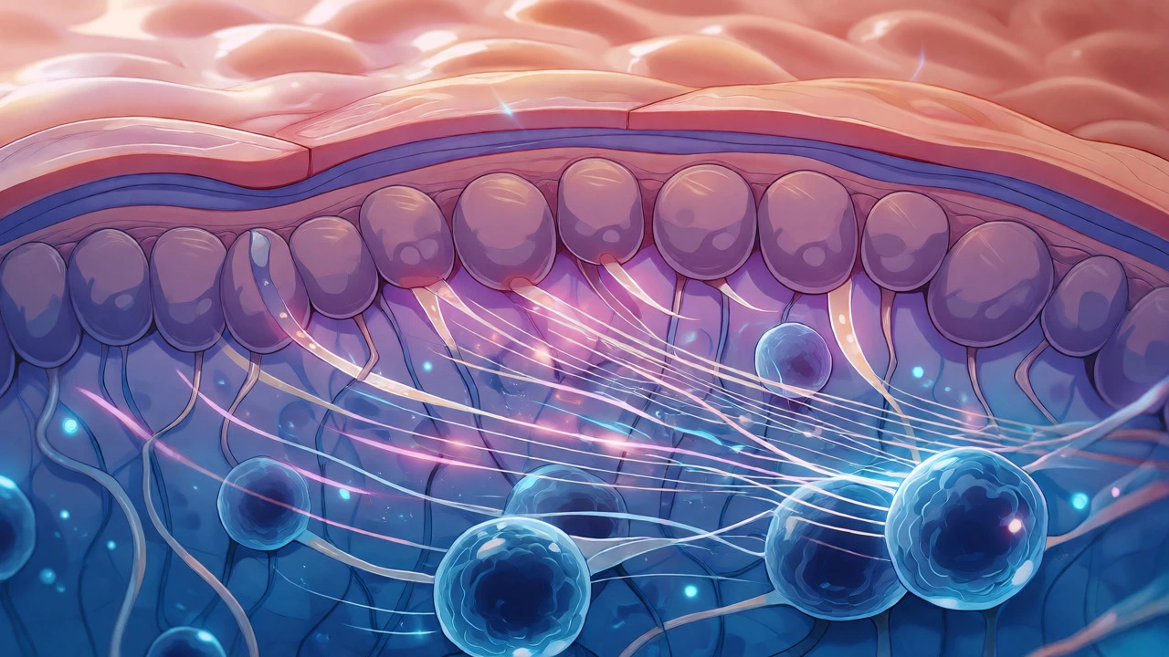 Illustration of collagen production and cell renewal in skin layers