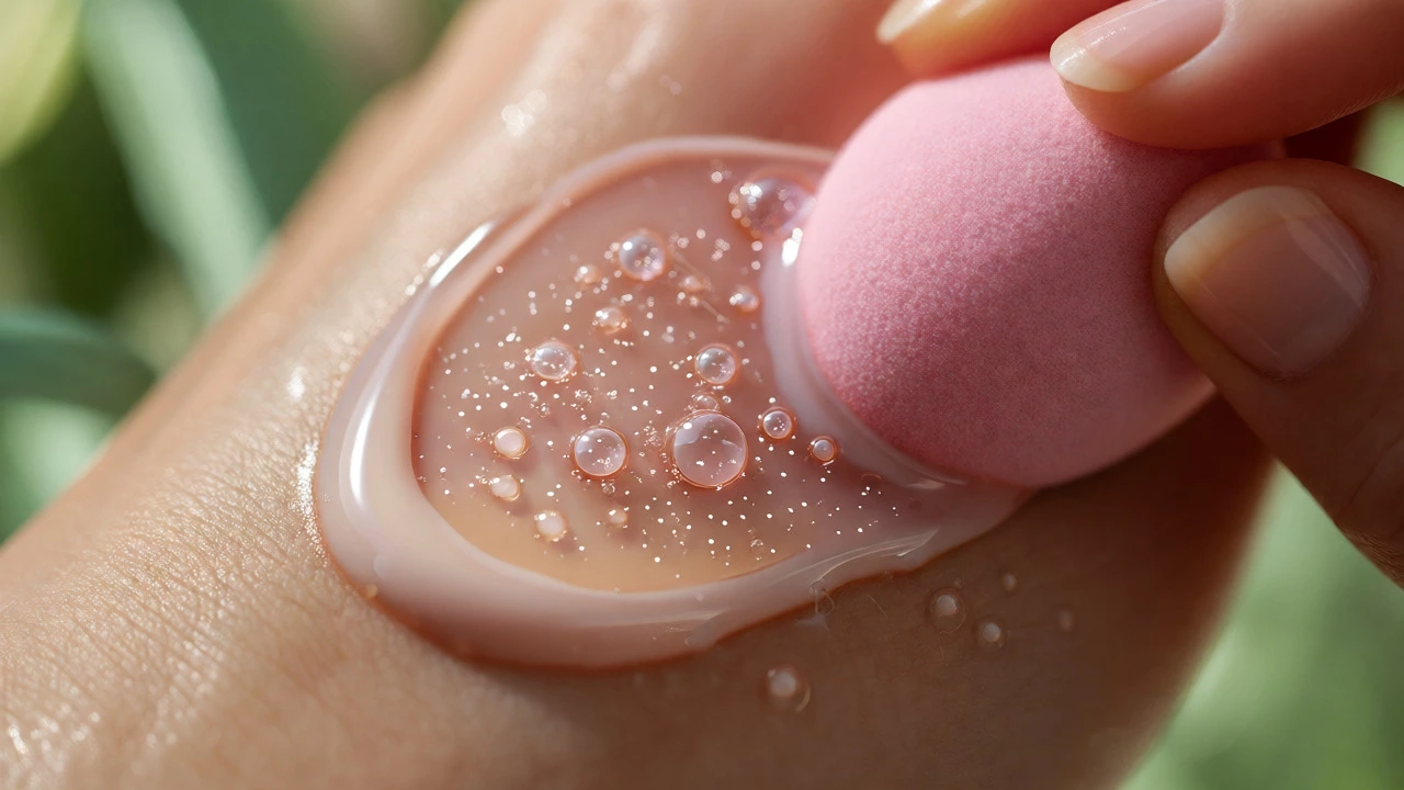 Macro shot of dewy foundation application with embedded skincare ingredient bubbles