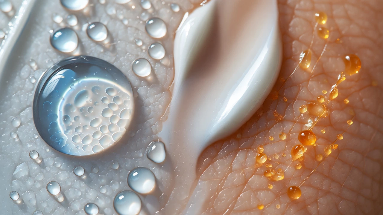 Macro shot of hydrating serum and antioxidant particles on skin