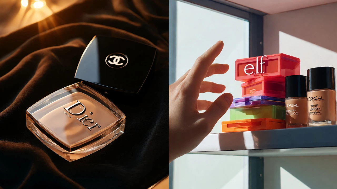 Split view comparing luxury makeup on velvet with drugstore items on a bright shelf