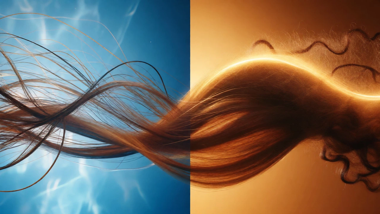 Split visual showing volumized hair versus hydrated curls merging into healthy shine