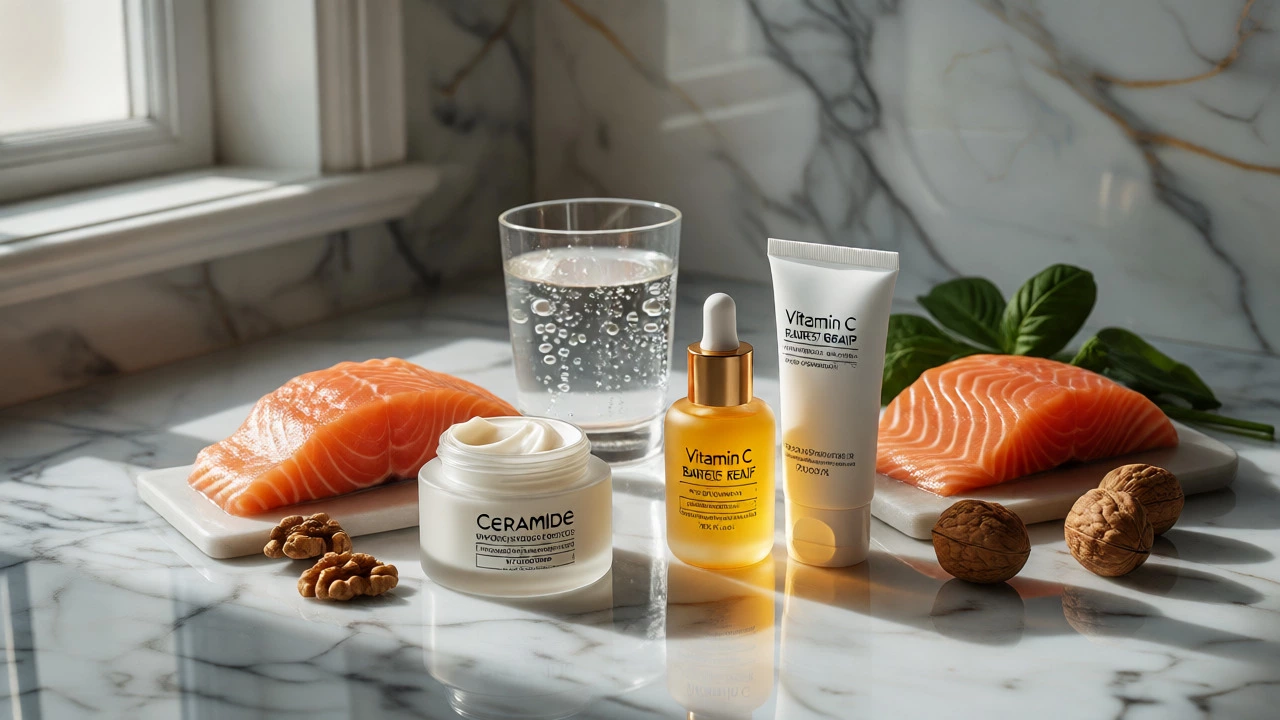 Still life of skincare products, healthy food, and water for skin health
