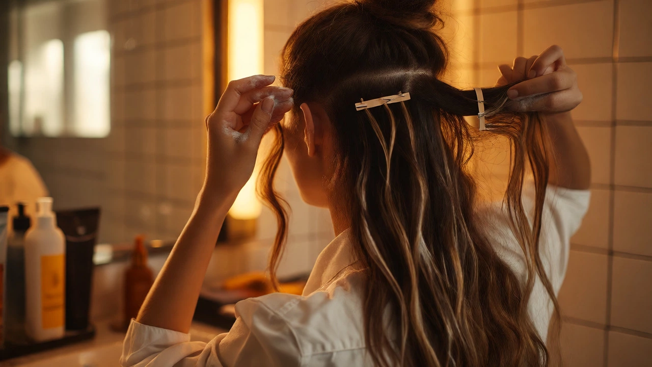 Woman carefully conditioning hair extensions while avoiding the sensitive scalp area