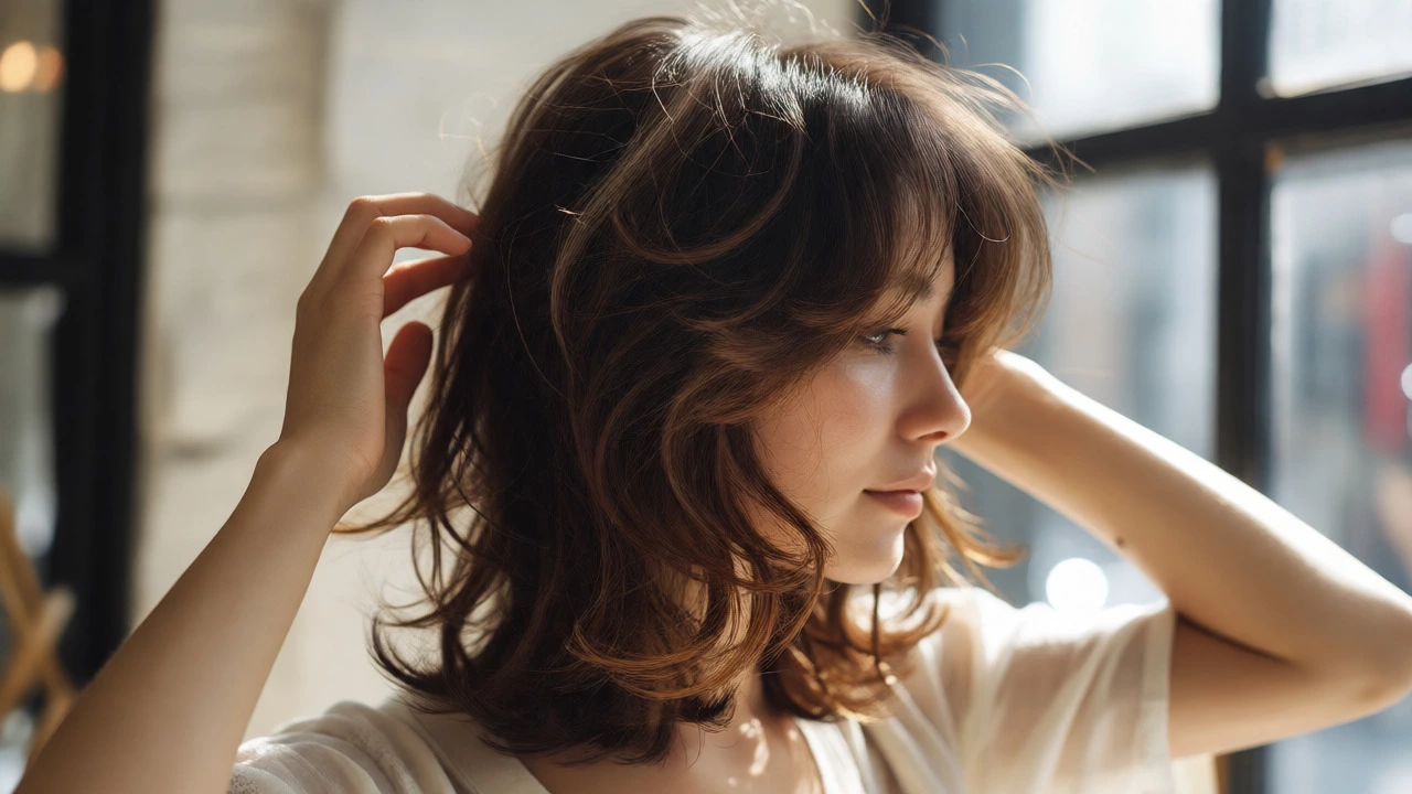 Woman styling a modern shag haircut with tousled layers